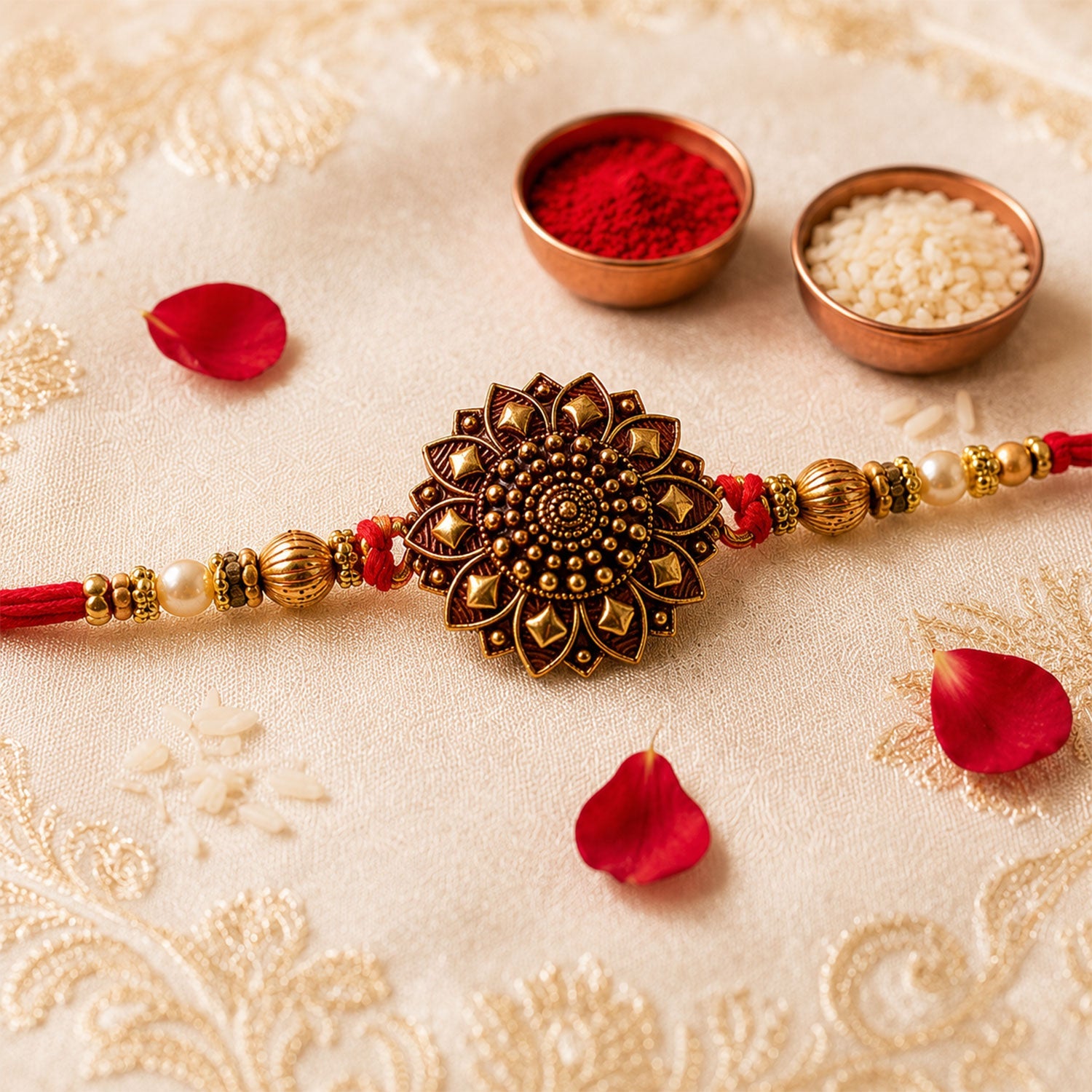 Elegant Antique Gold Floral Mandala Rakhi for brother