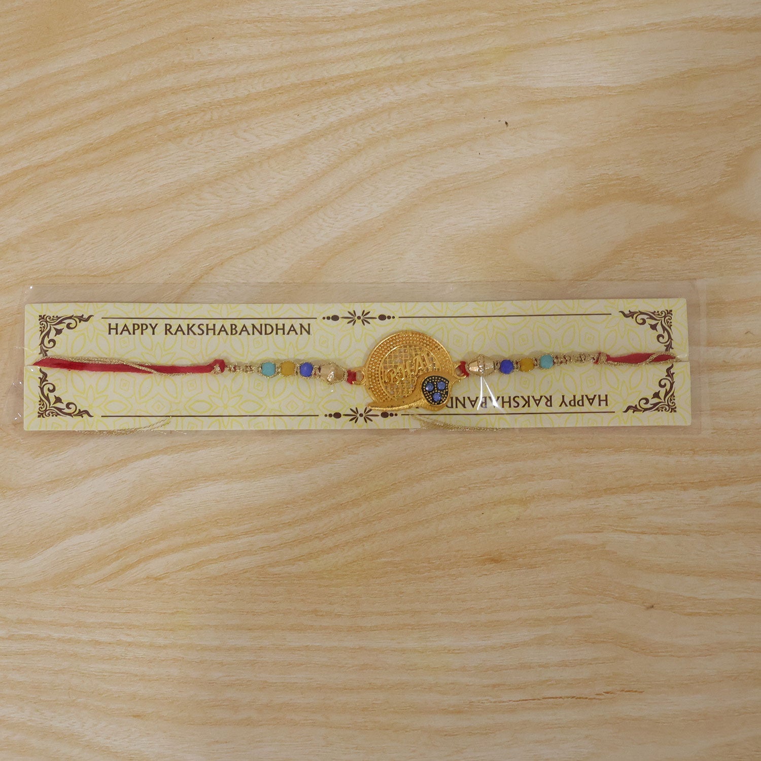 Golden Bhai Text Rakhi with Multicolour Beads for Brother - Raksha Bandhan Special