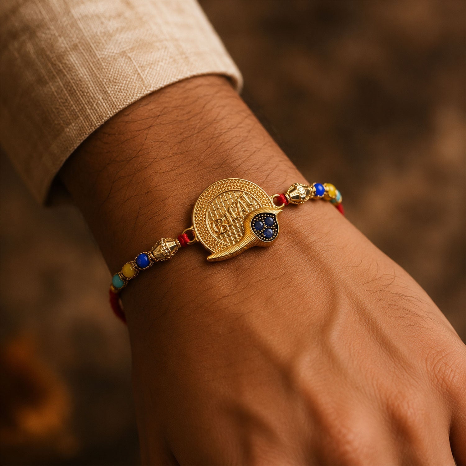 Golden Bhai Text Rakhi with Multicolour Beads for Brother - Raksha Bandhan Special