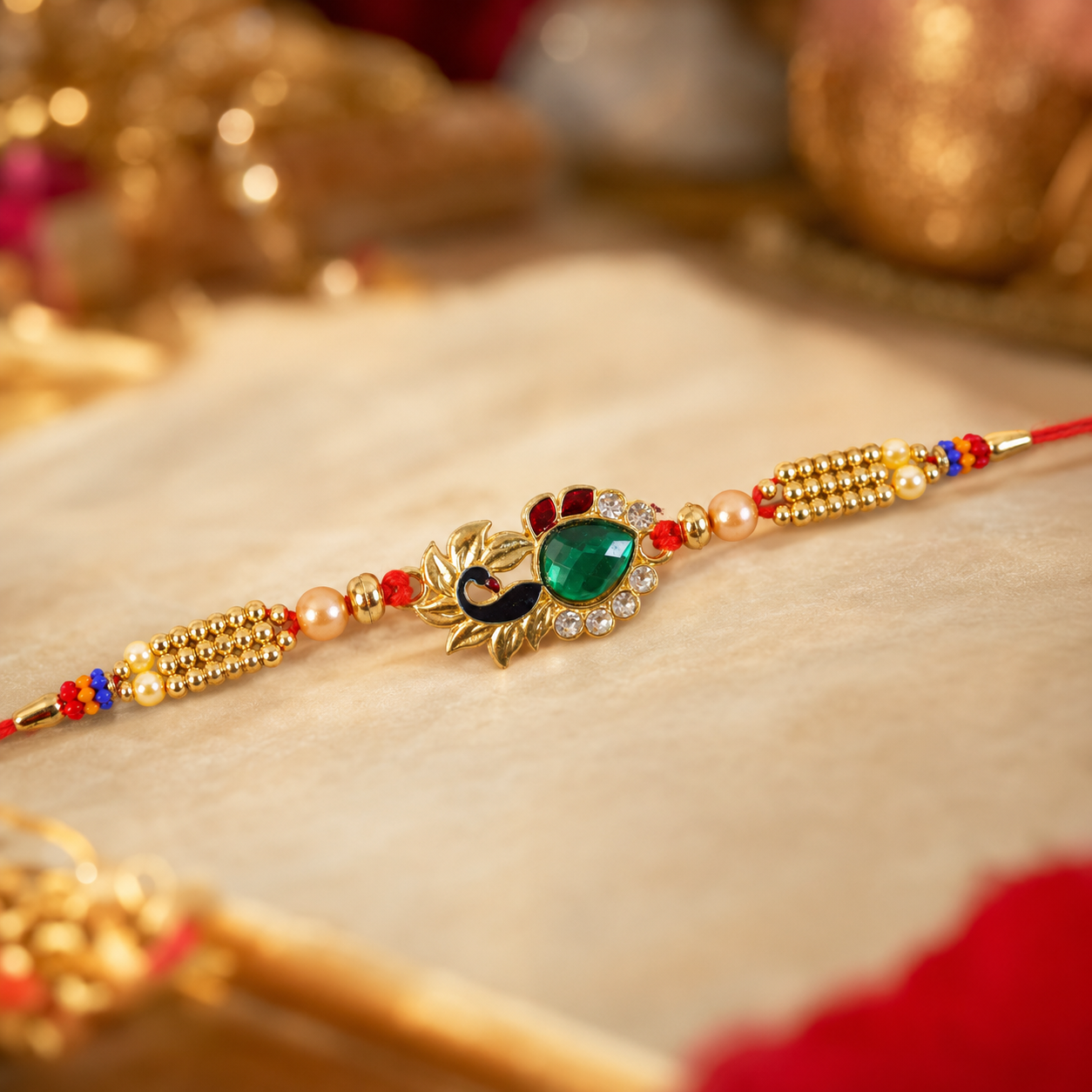 Golden Lotus Floral Rakhi with Green Stone & AD Stones for Brother