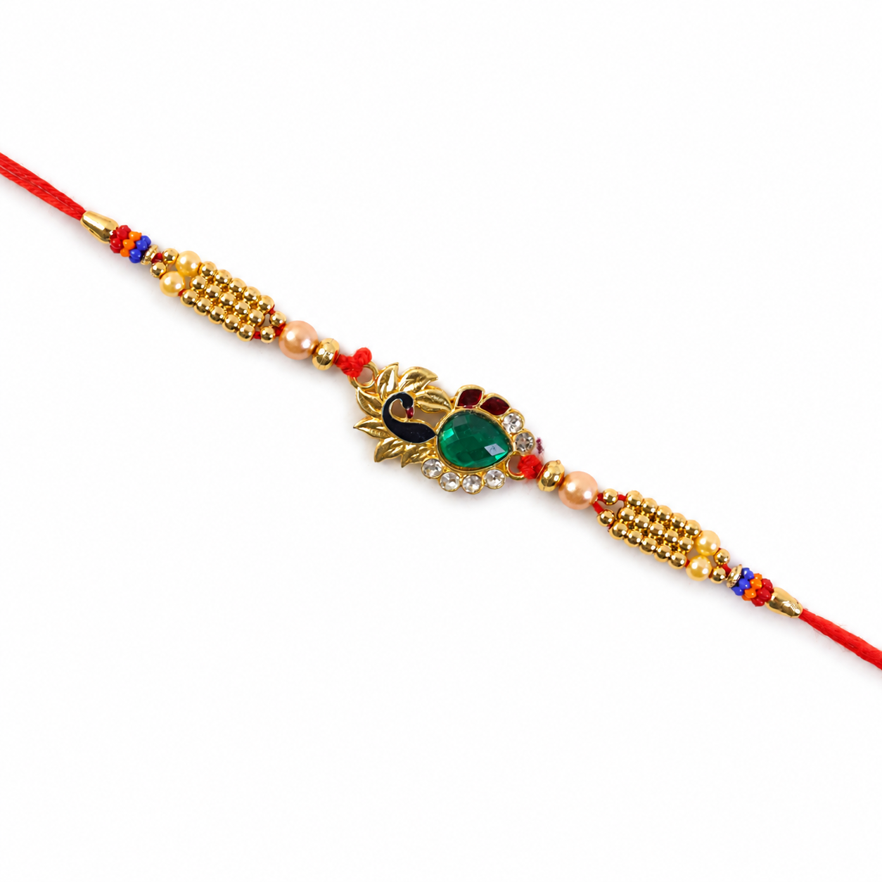 Golden Lotus Floral Rakhi with Green Stone & AD Stones for Brother