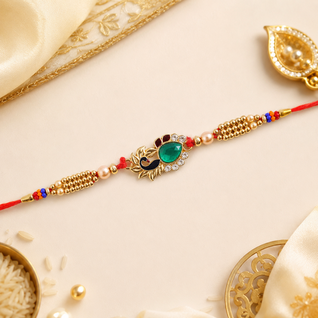 Golden Lotus Floral Rakhi with Green Stone & AD Stones for Brother