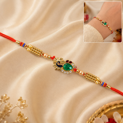 Golden Lotus Floral Rakhi with Green Stone & AD Stones for Brother