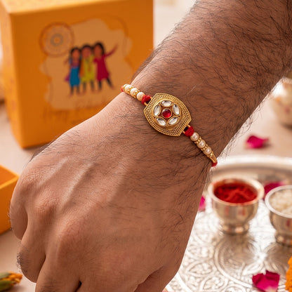 Gold-Plated Floral AD Stone Rakhi for Brother - Rakshabandhan Gift