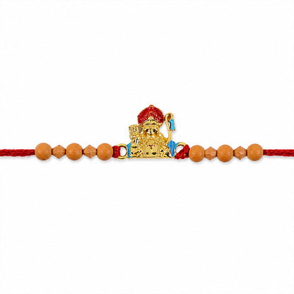 Auspicious Golden Deity Rakhi with Sandalwood Beads for Brother