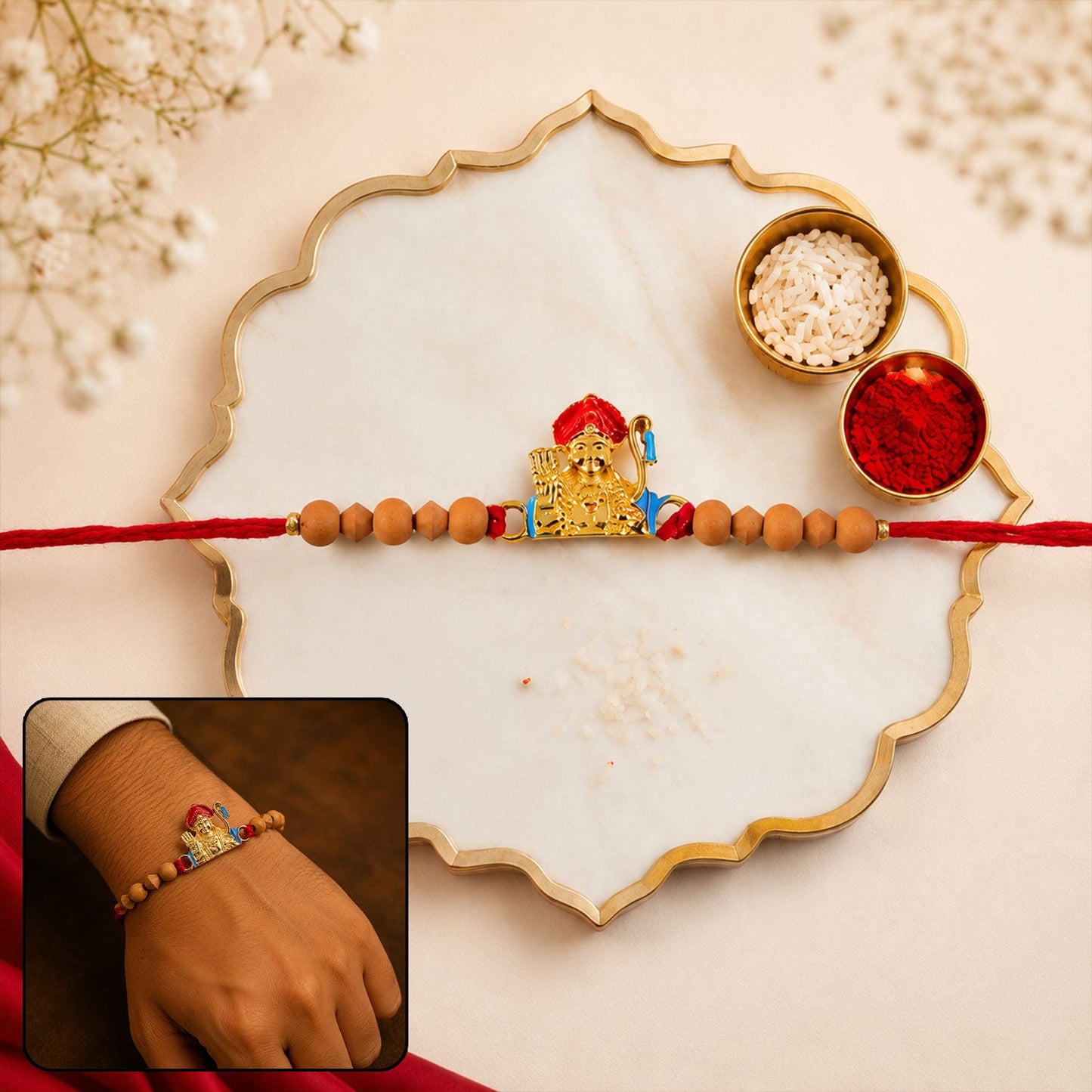 Auspicious Golden Deity Rakhi with Sandalwood Beads for Brother