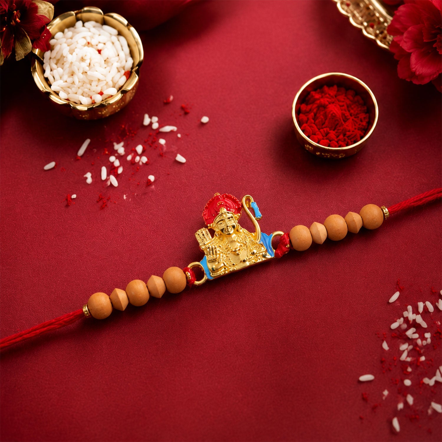 Auspicious Golden Deity Rakhi with Sandalwood Beads for Brother