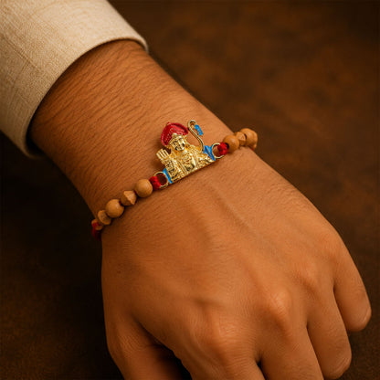 Auspicious Golden Deity Rakhi with Sandalwood Beads for Brother