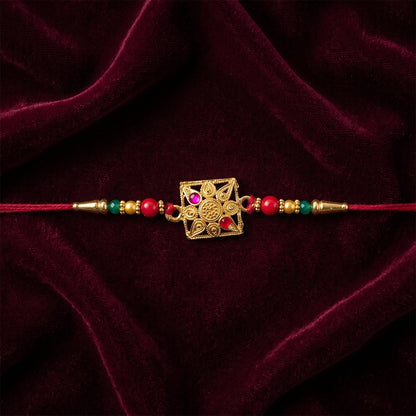 Golden Square Rakhi with Stone & Colourful Beads for Brother