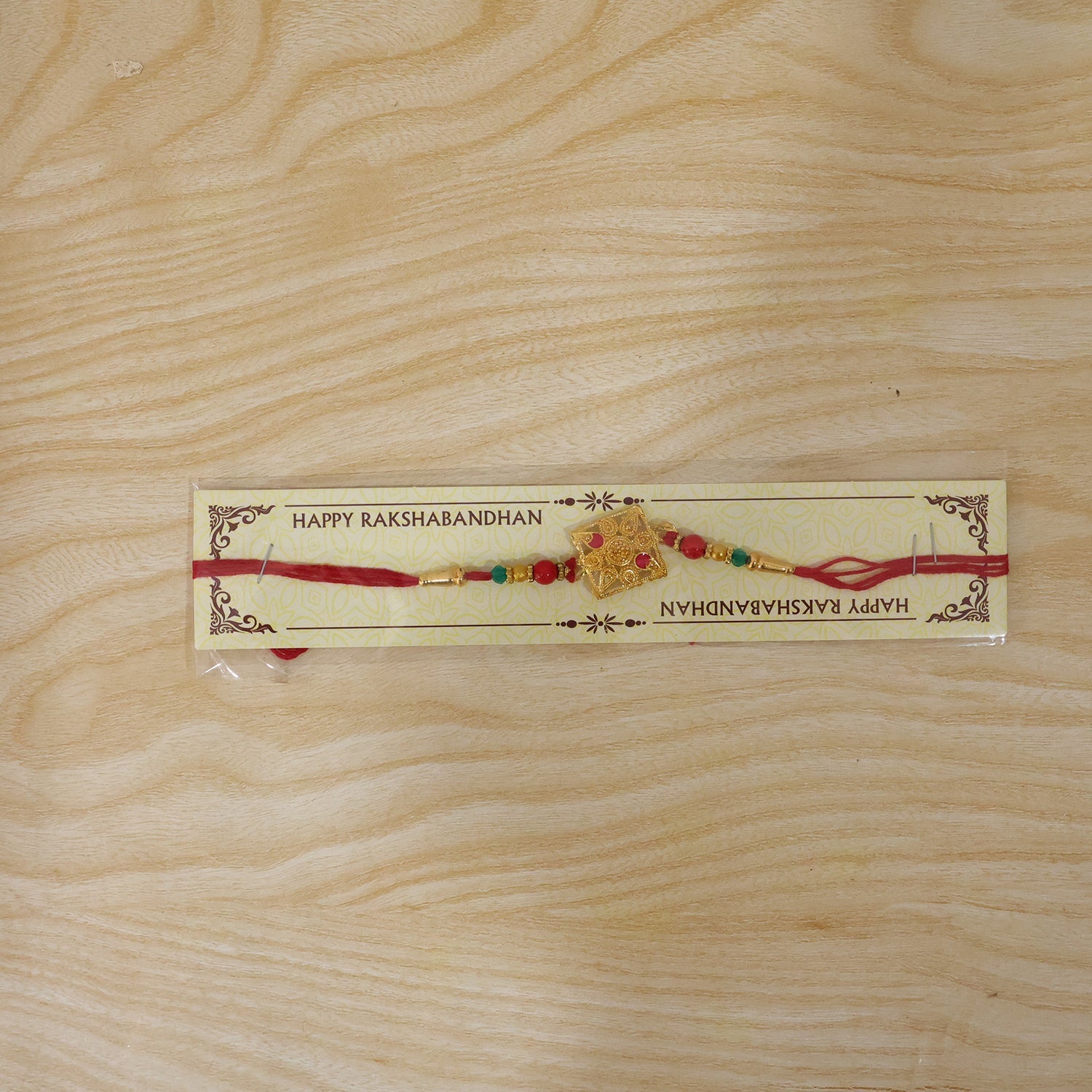 Golden Square Rakhi with Stone & Colourful Beads for Brother