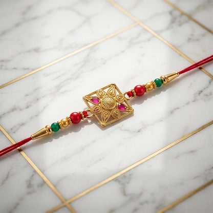 Golden Square Rakhi with Stone & Colourful Beads for Brother