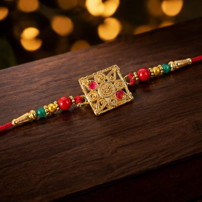 Golden Square Rakhi with Stone & Colourful Beads for Brother