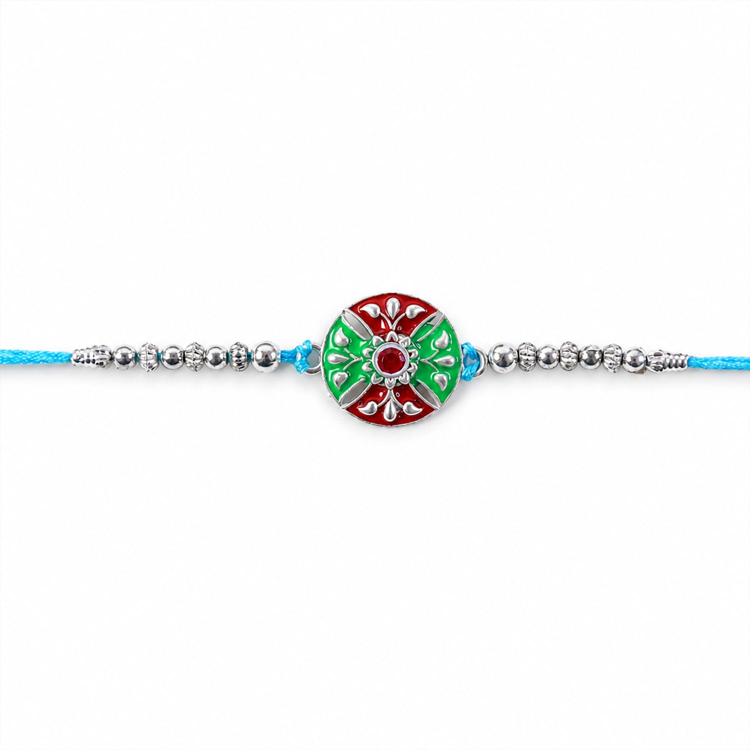 Detailed view of silver beads & blue thread on Meenakari Rakhi