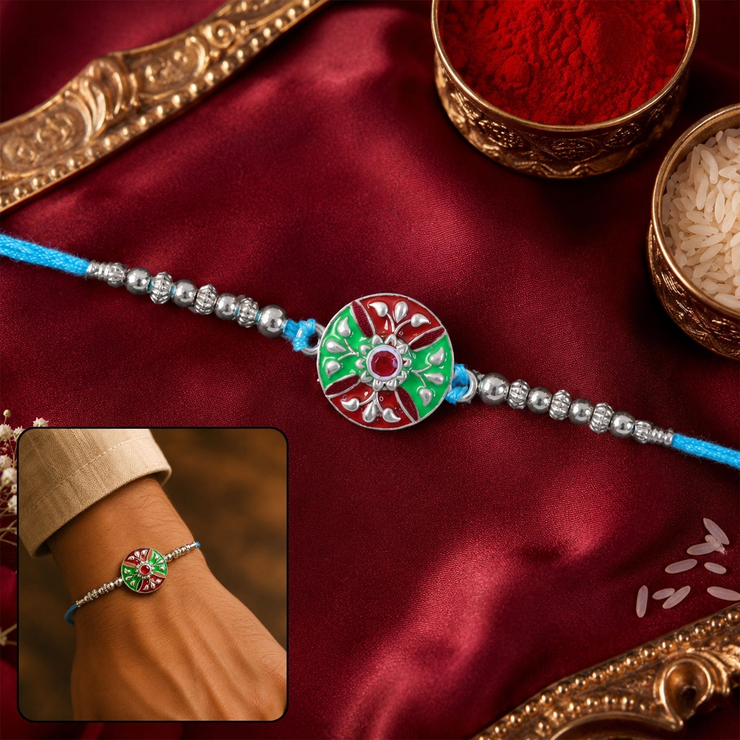 Meenakari Floral Rakhi for brother with silver beads & blue thread