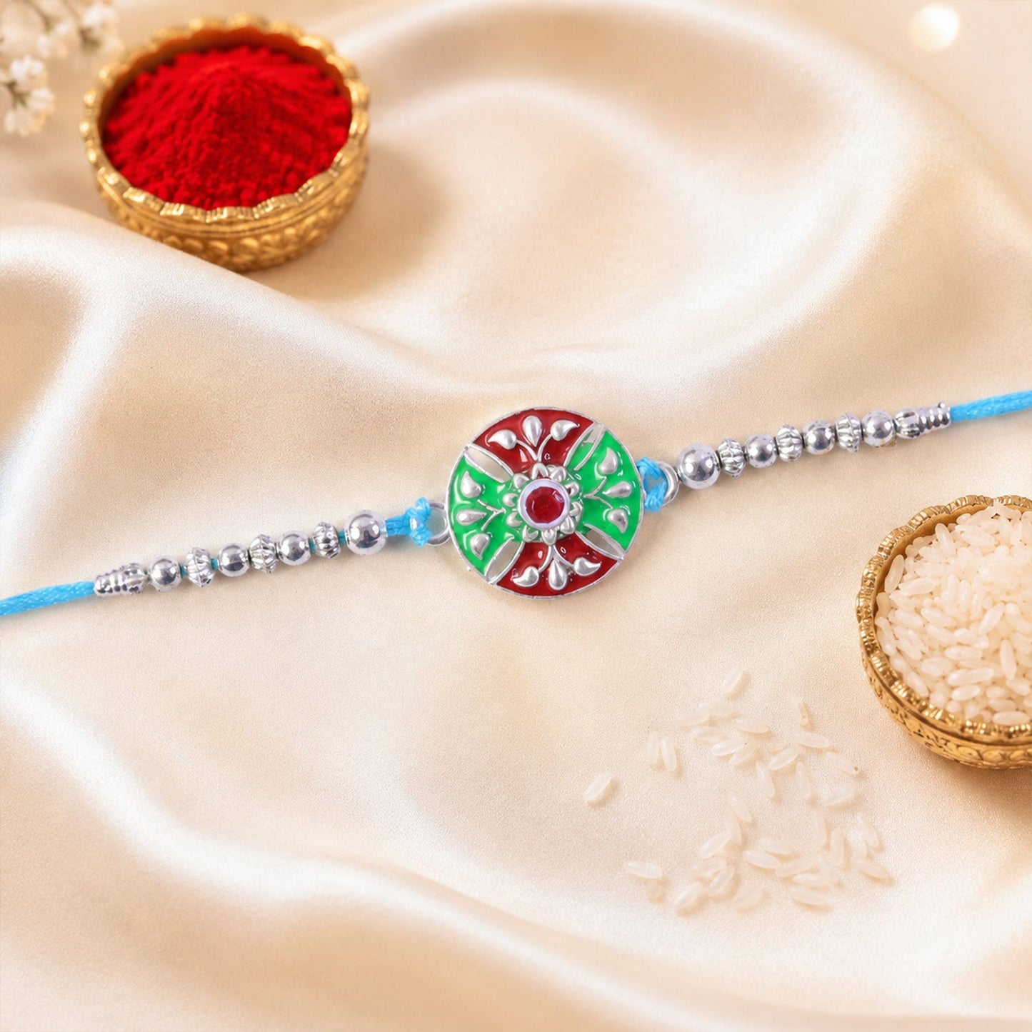 Meenakari Floral Rakhi displayed for Raksha Bandhan