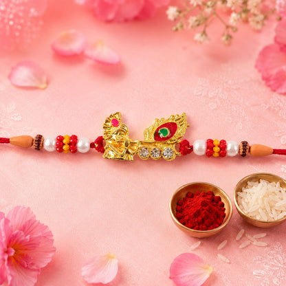 Lord Krishna with Peacock Feather Golden Rakhi with AD Stones for Brother