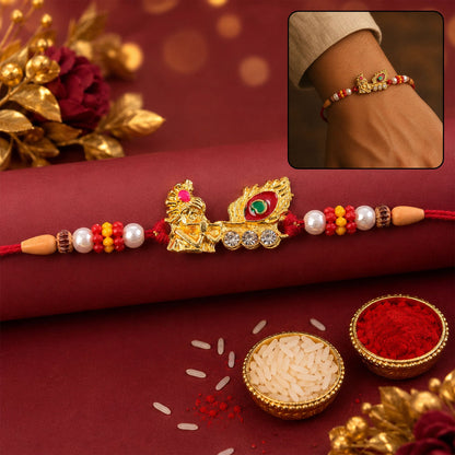 Lord Krishna with Peacock Feather Golden Rakhi with AD Stones for Brother