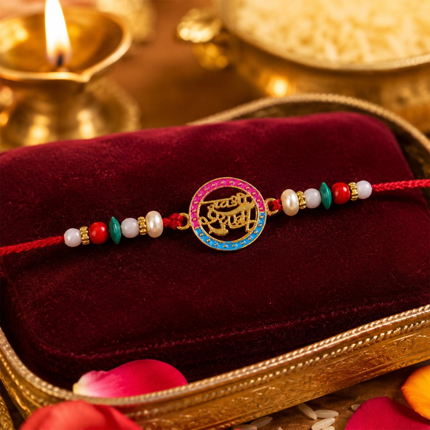 Close-up of Golden Jay Shree Shyam Rakhi showing Hindi text & pearls