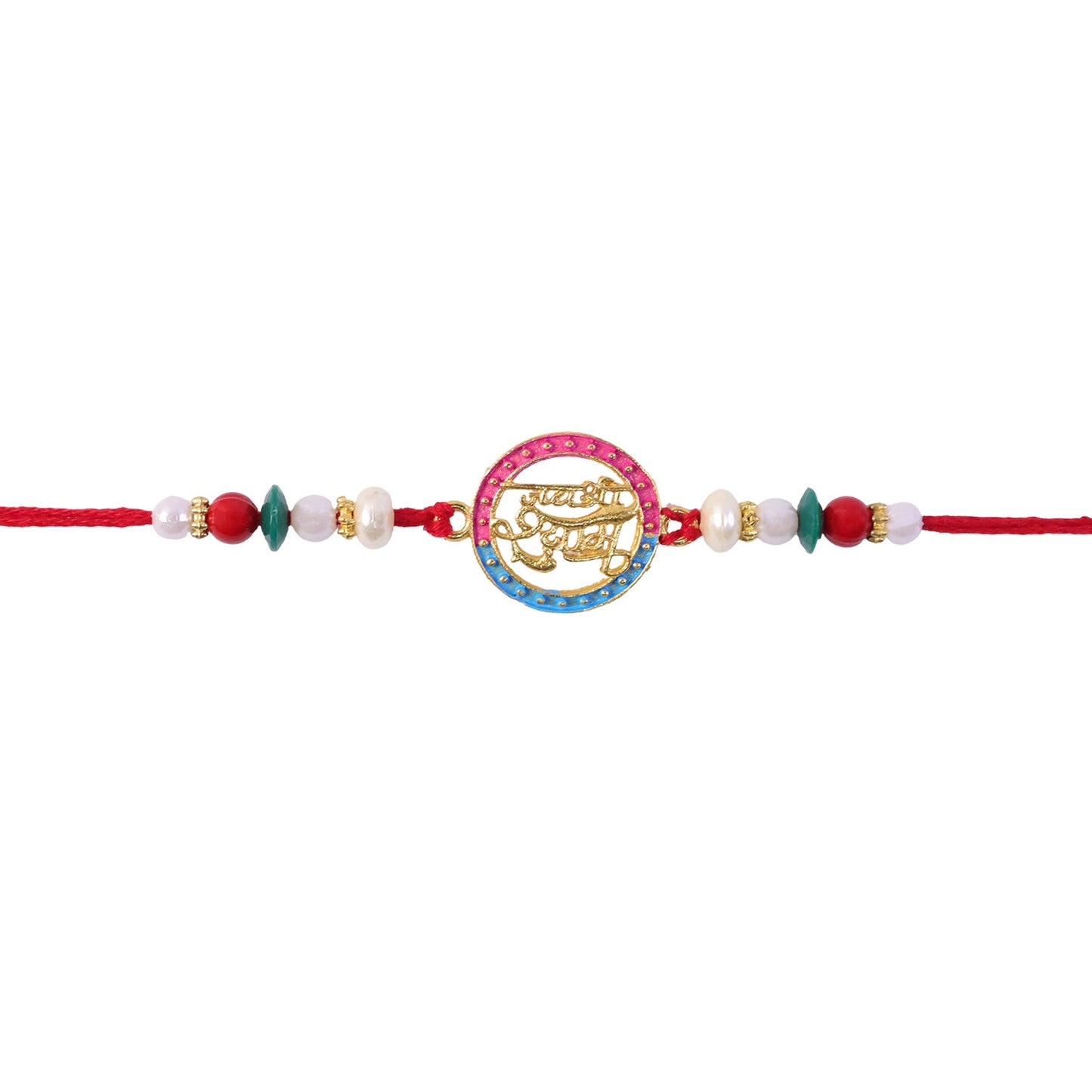 Golden Jay Shree Shyam Rakhi with pearls, detail of thread & design