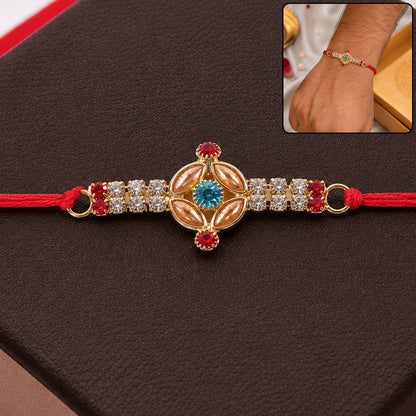Designer Gold Kundan Floral Rakhi with Turquoise Stone & AD for Brother