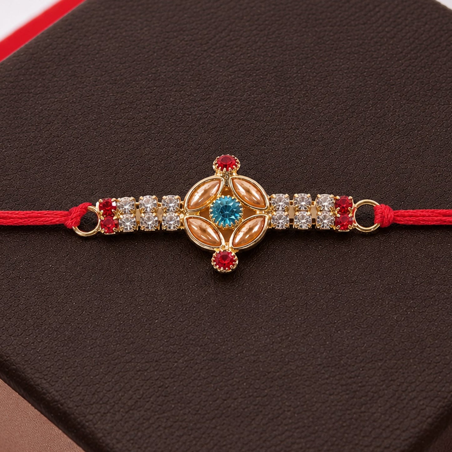 Designer Gold Kundan Floral Rakhi with Turquoise Stone & AD for Brother