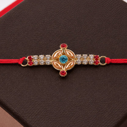 Designer Gold Kundan Floral Rakhi with Turquoise Stone & AD for Brother