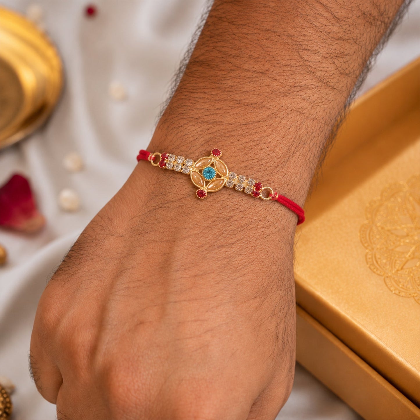 Designer Gold Kundan Floral Rakhi with Turquoise Stone & AD for Brother