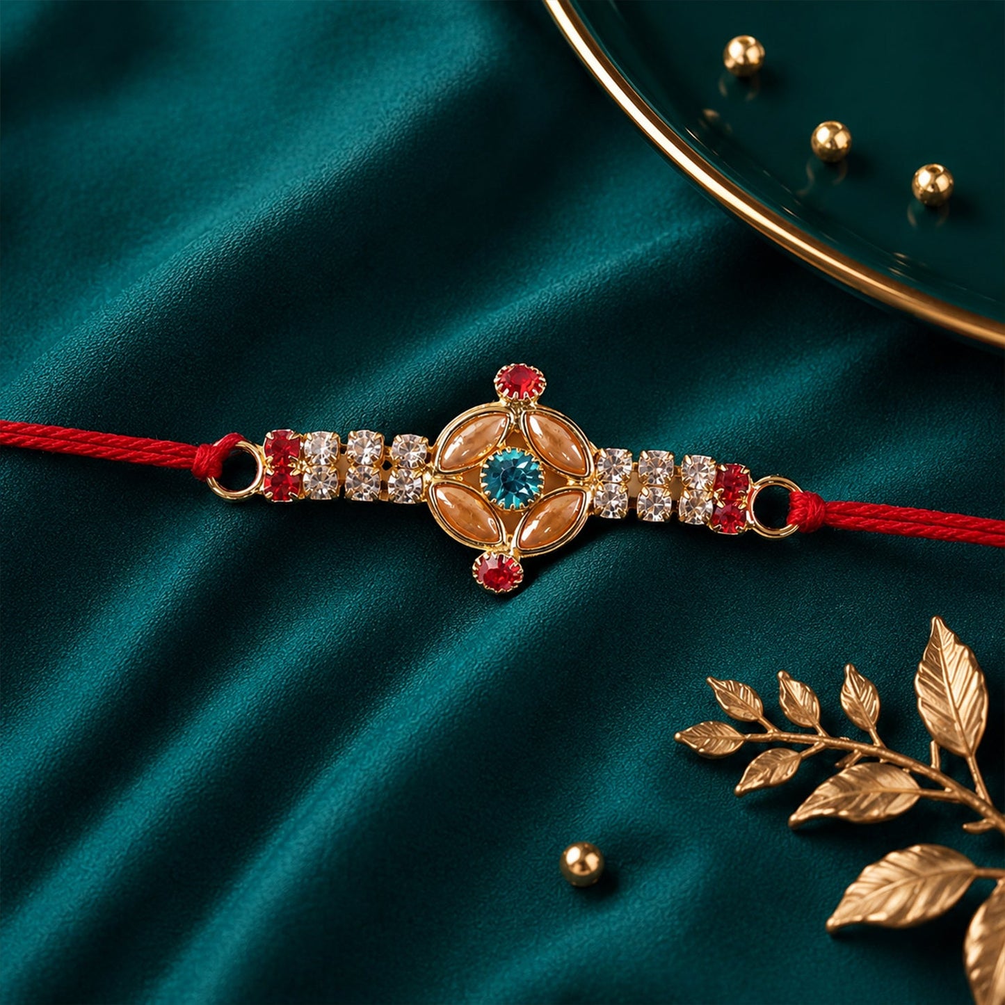 Designer Gold Kundan Floral Rakhi with Turquoise Stone & AD for Brother