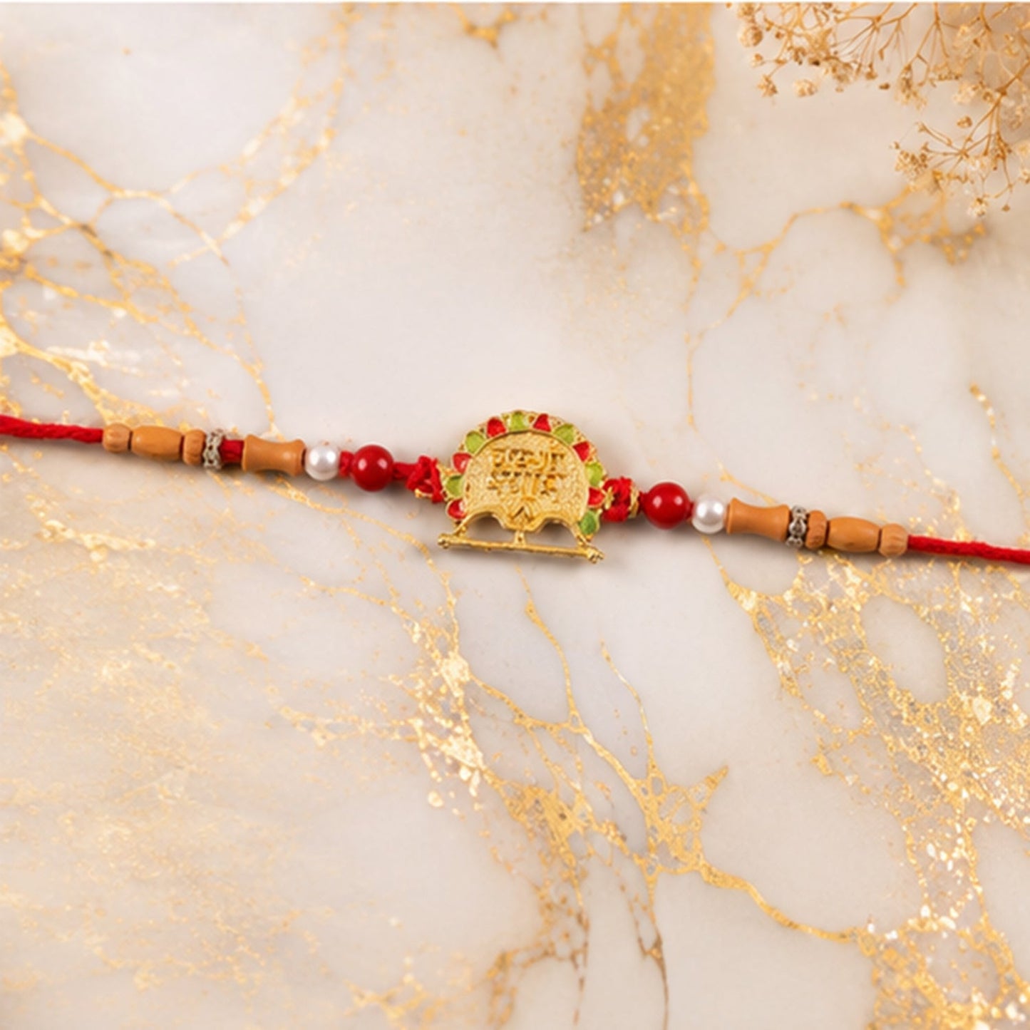 Traditional Golden Shyam Rakhi with Sandalwood Beads for Brother