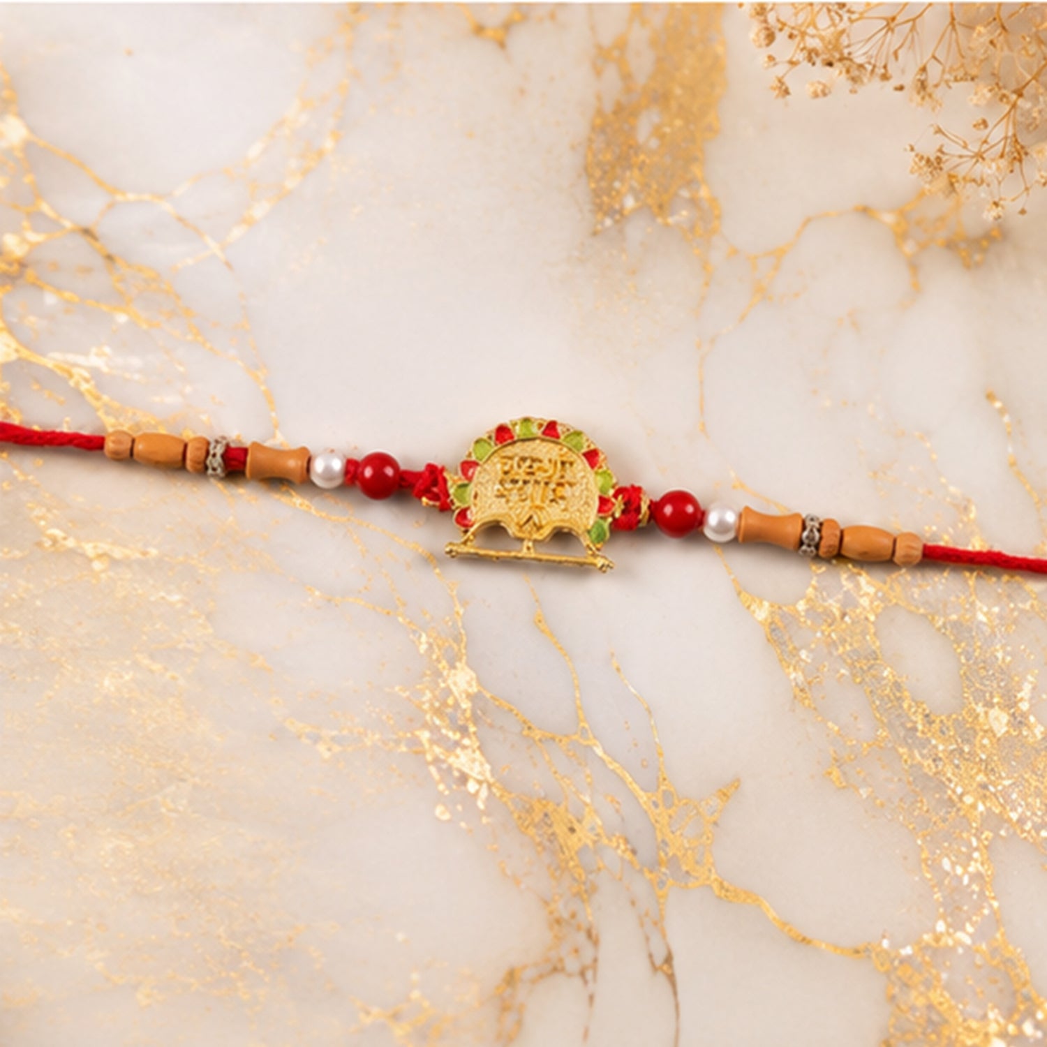 Traditional Golden Shyam Rakhi with Sandalwood Beads for Brother