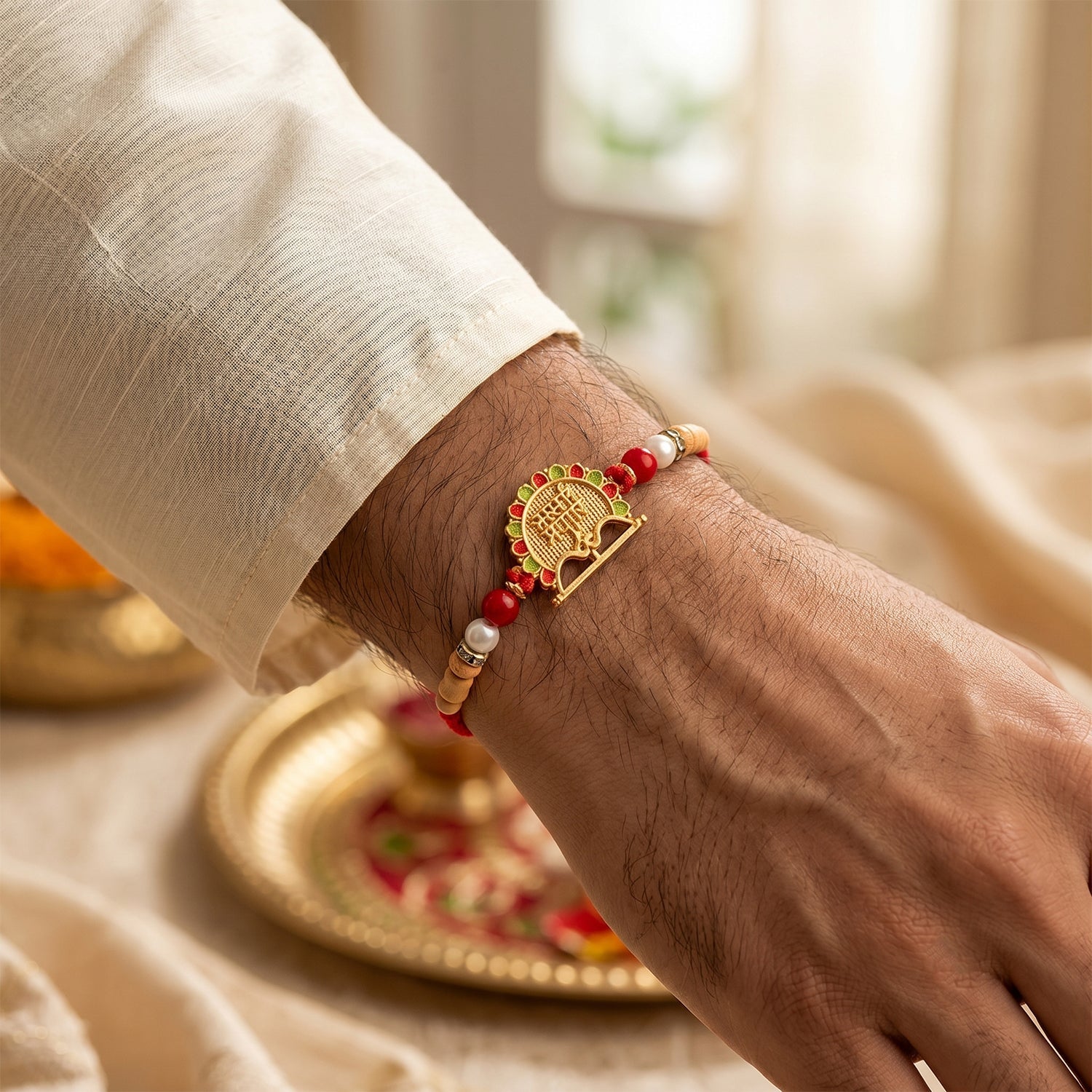 Traditional Golden Shyam Rakhi with Sandalwood Beads for Brother