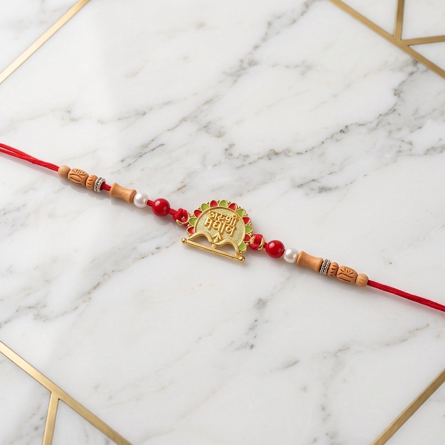 Traditional Golden Shyam Rakhi with Sandalwood Beads for Brother