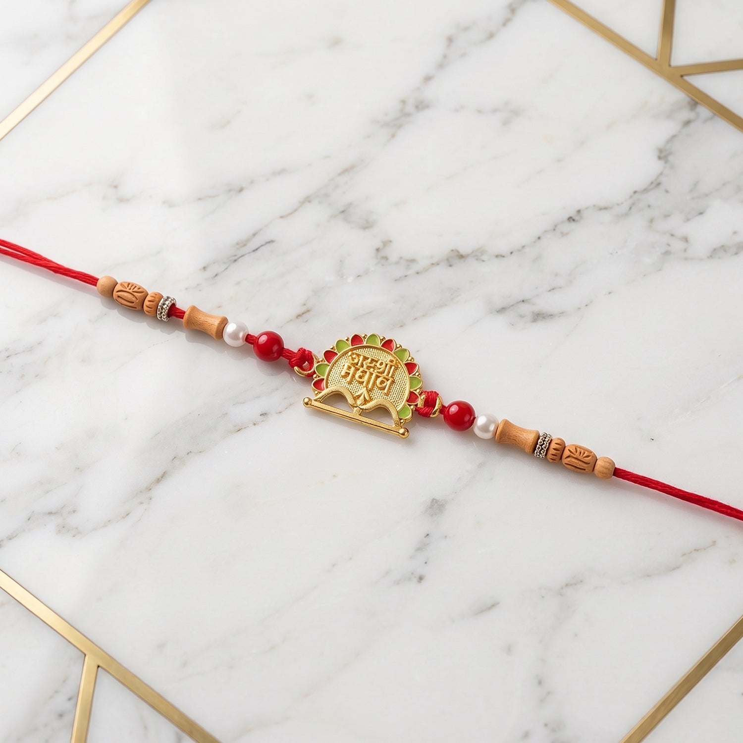 Traditional Golden Shyam Rakhi with Sandalwood Beads for Brother