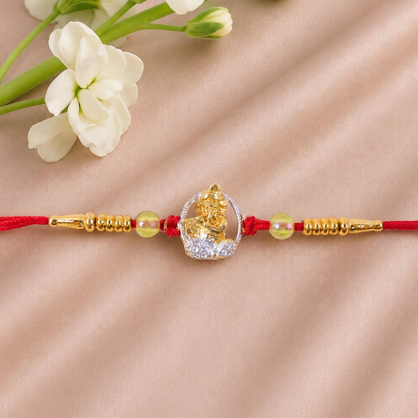 Bal Krishna Golden Rakhi with AD Stone Frame & Beads for Brother