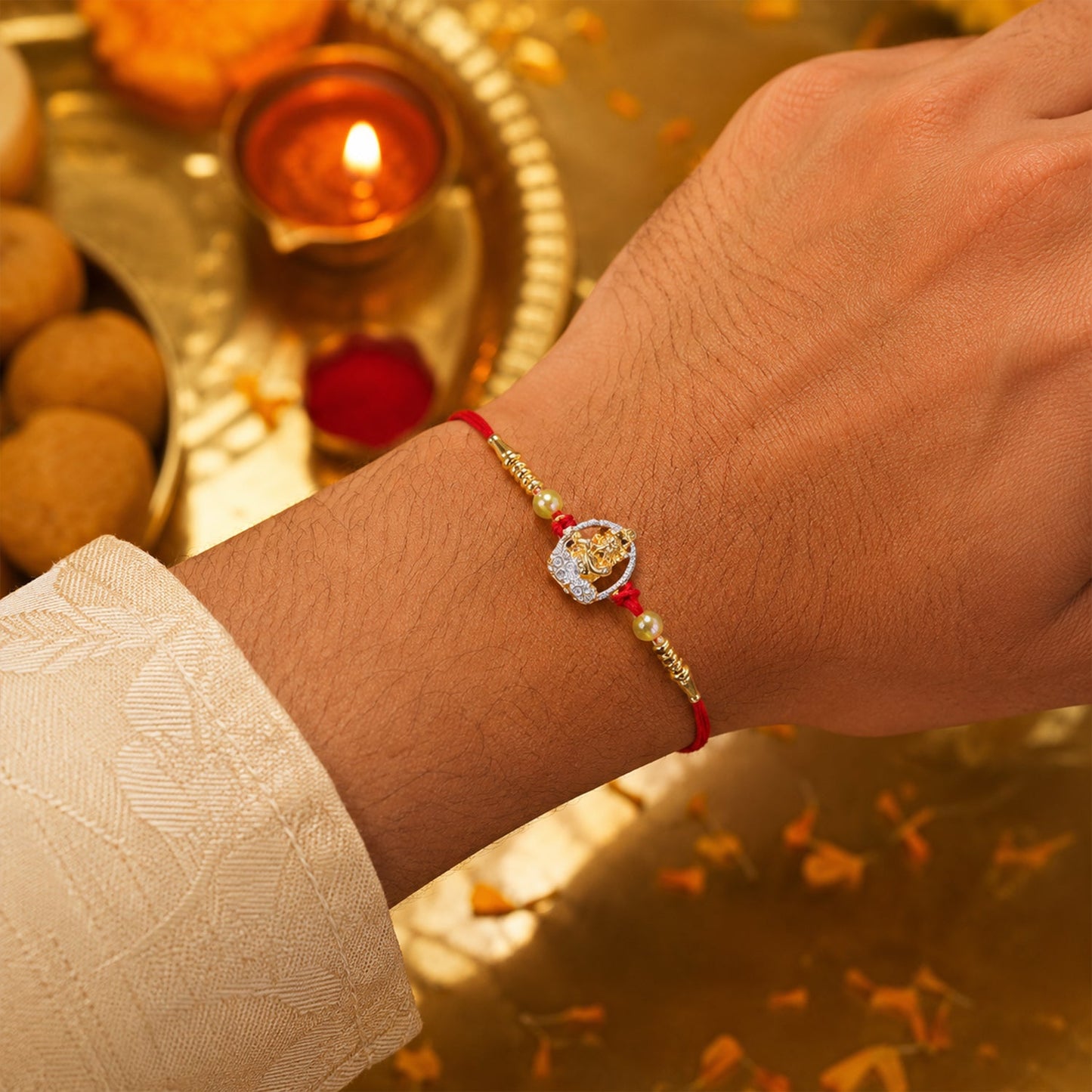 Bal Krishna Golden Rakhi with AD Stone Frame & Beads for Brother