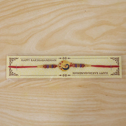 Golden Peacock Meenakari Rakhi with Rudraksha & Beads for Brother