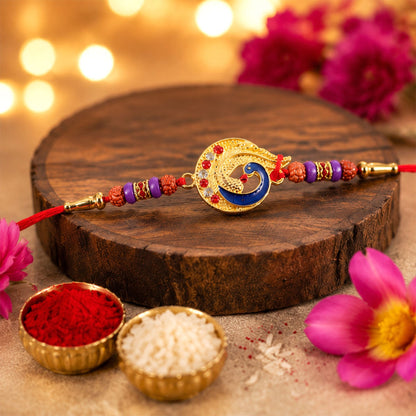 Golden Peacock Meenakari Rakhi with Rudraksha & Beads for Brother