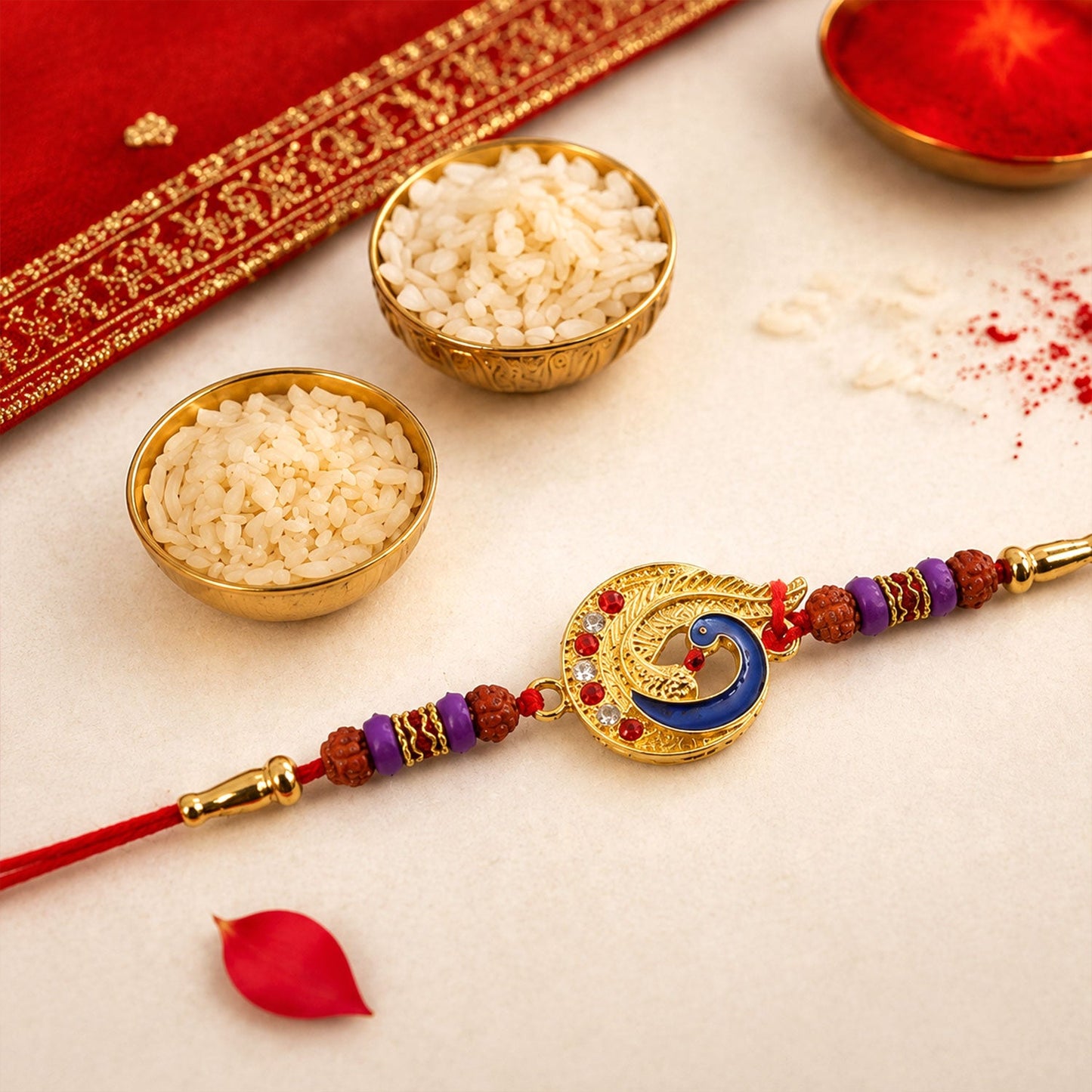 Golden Peacock Meenakari Rakhi with Rudraksha & Beads for Brother