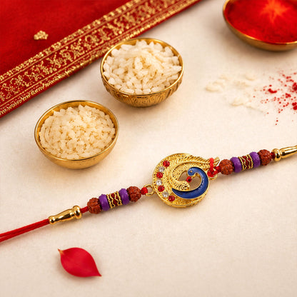 Golden Peacock Meenakari Rakhi with Rudraksha & Beads for Brother