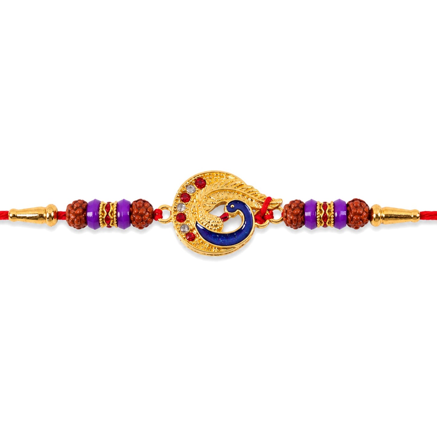 Golden Peacock Meenakari Rakhi with Rudraksha & Beads for Brother