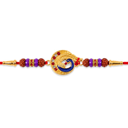 Golden Peacock Meenakari Rakhi with Rudraksha & Beads for Brother