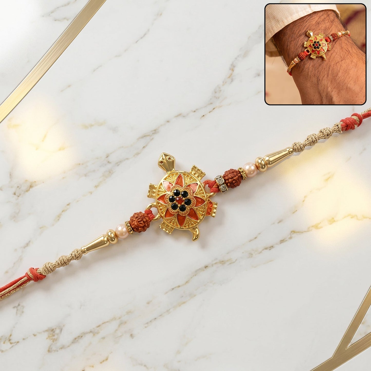 Auspicious Golden Tortoise Rakhi with Stones & Beads for Brother
