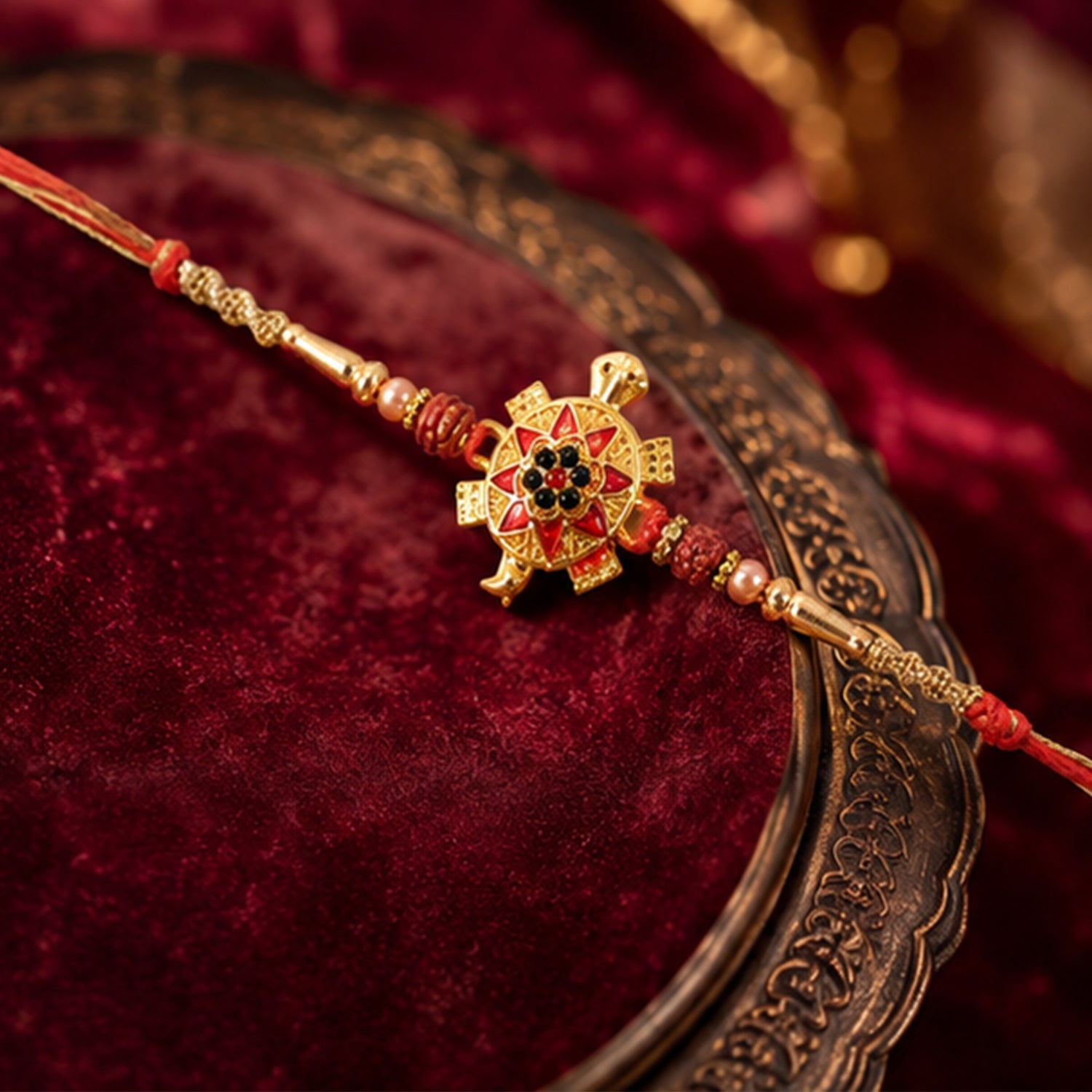 Auspicious Golden Tortoise Rakhi with Stones & Beads for Brother