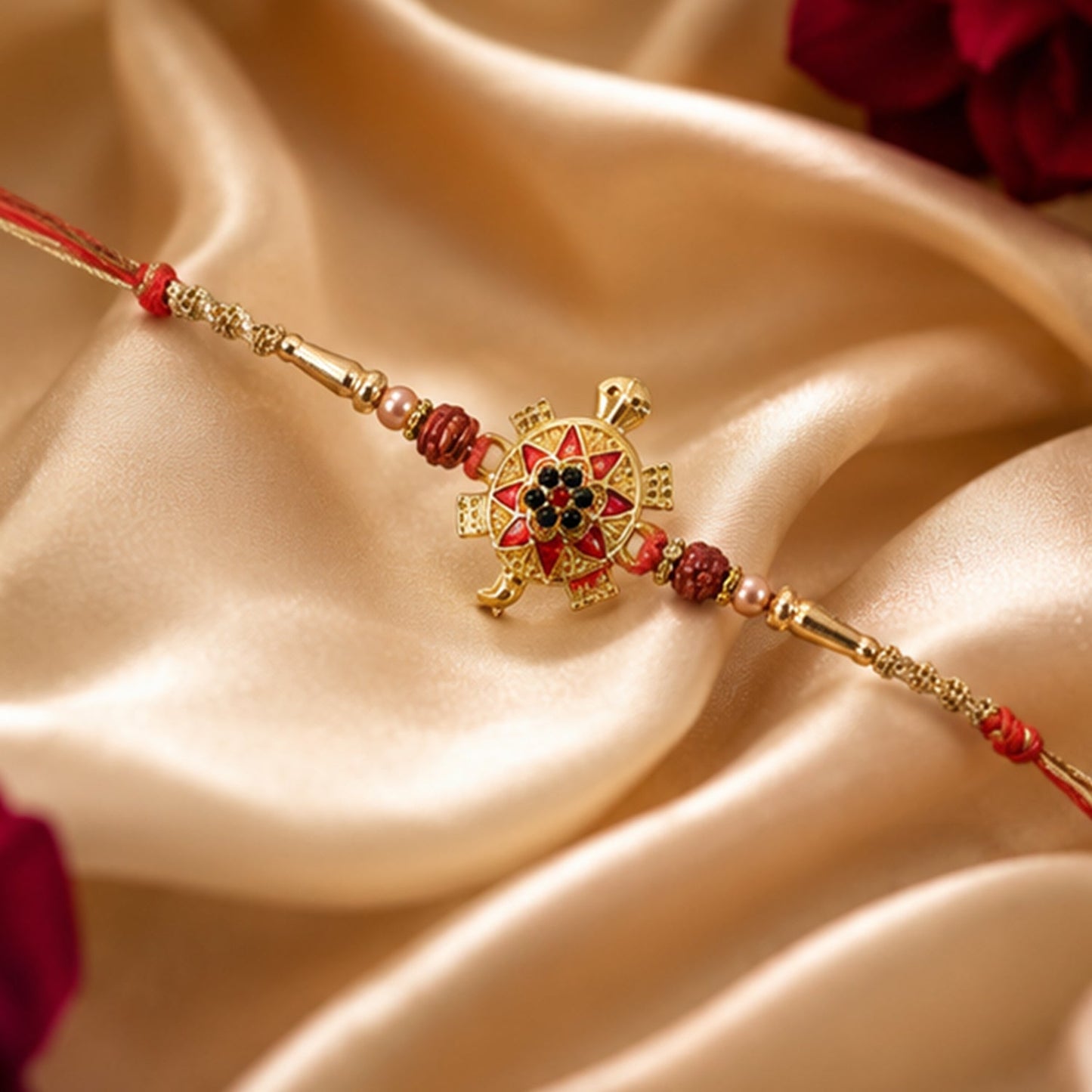 Auspicious Golden Tortoise Rakhi with Stones & Beads for Brother