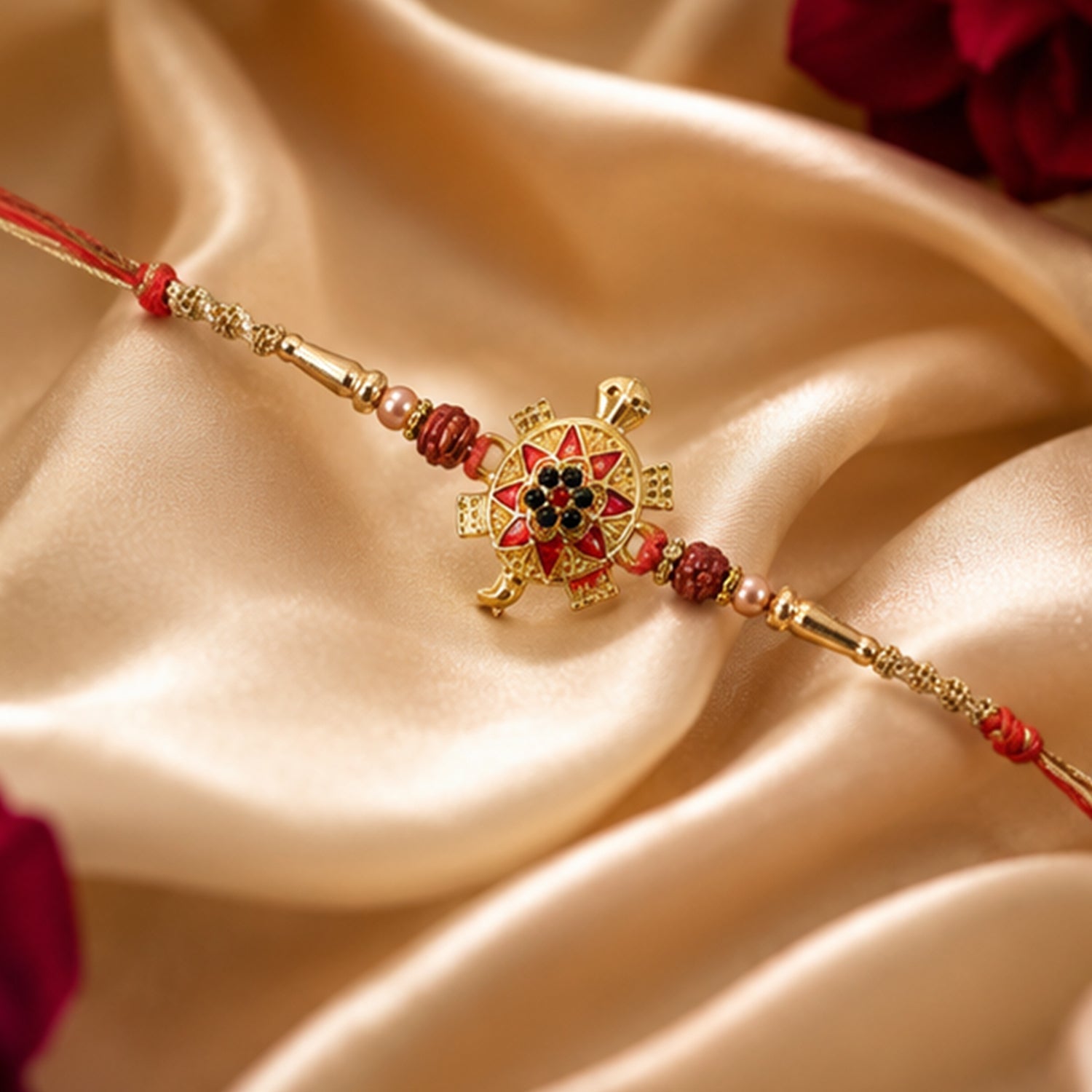 Auspicious Golden Tortoise Rakhi with Stones & Beads for Brother