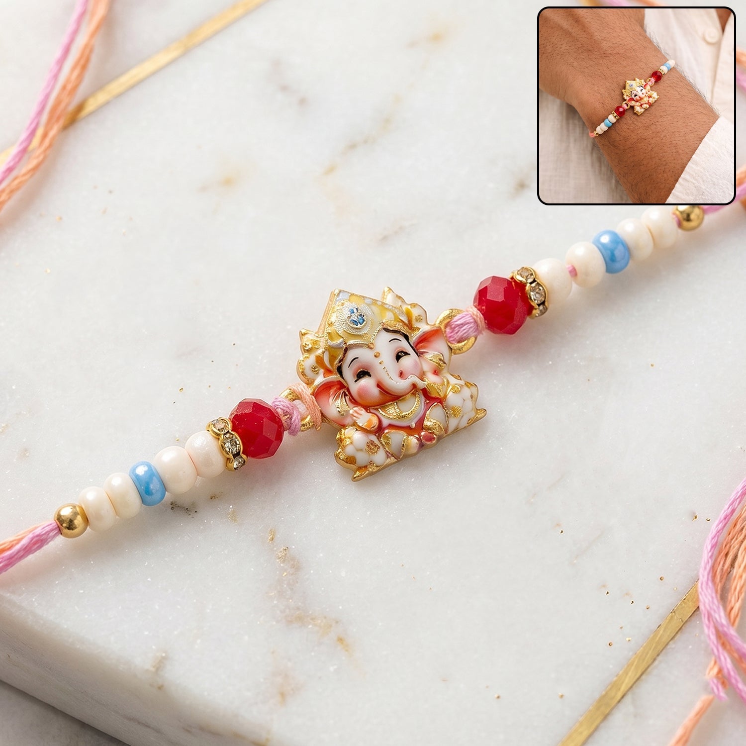 Cute Golden Rakhi with Colourful Beads for Brother