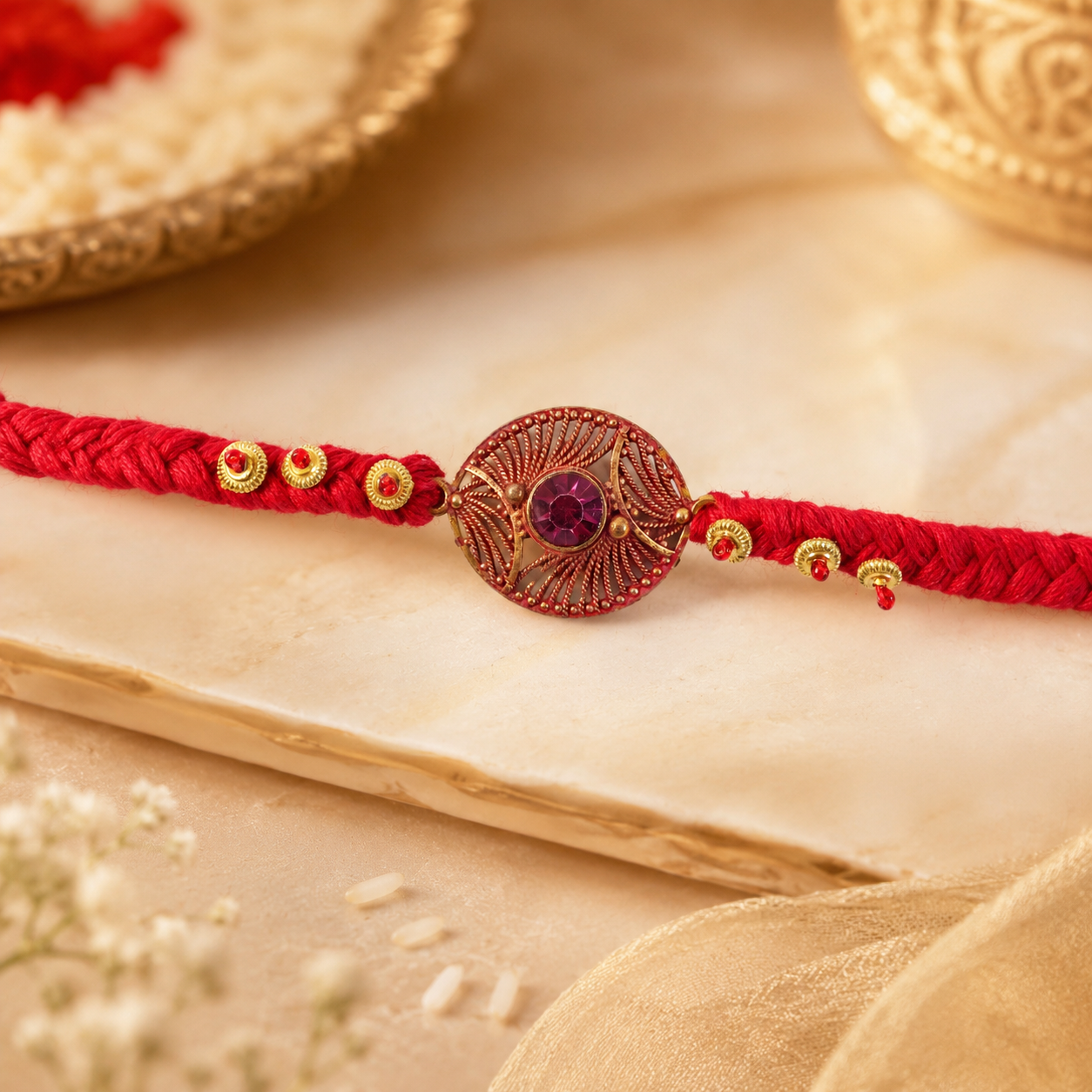 Handcrafted Woven Thread Rakhi with Purple Stone for Brother