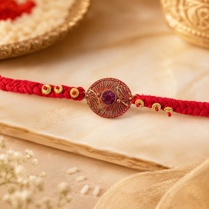 Handcrafted Woven Thread Rakhi with Purple Stone for Brother