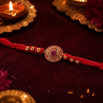 Handcrafted Woven Thread Rakhi with Purple Stone for Brother