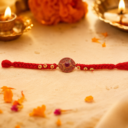 Handcrafted Woven Thread Rakhi with Purple Stone for Brother